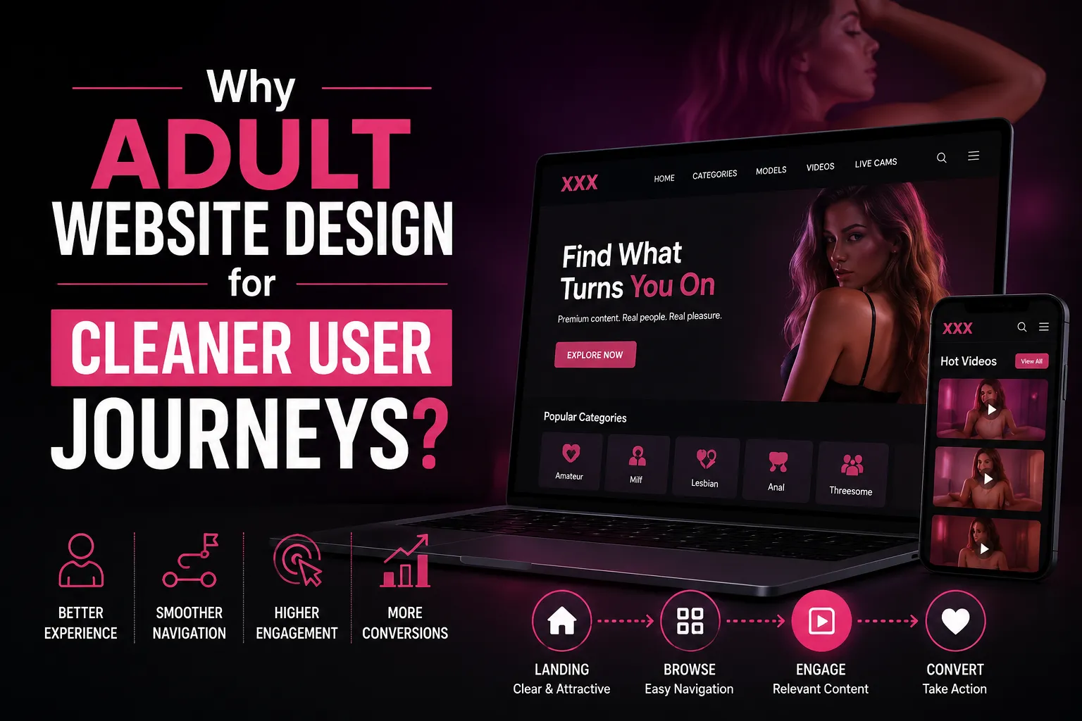 Discover how adult website design improves user journeys, boosts engagement, increases conversions, and enhances overall browsing experiences.