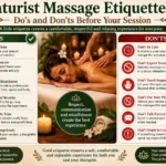 Naturist massage etiquette infographic showing essential do's and don'ts before a session, including hygiene, communication, boundaries, punctuality, respect, and professional wellness practices.