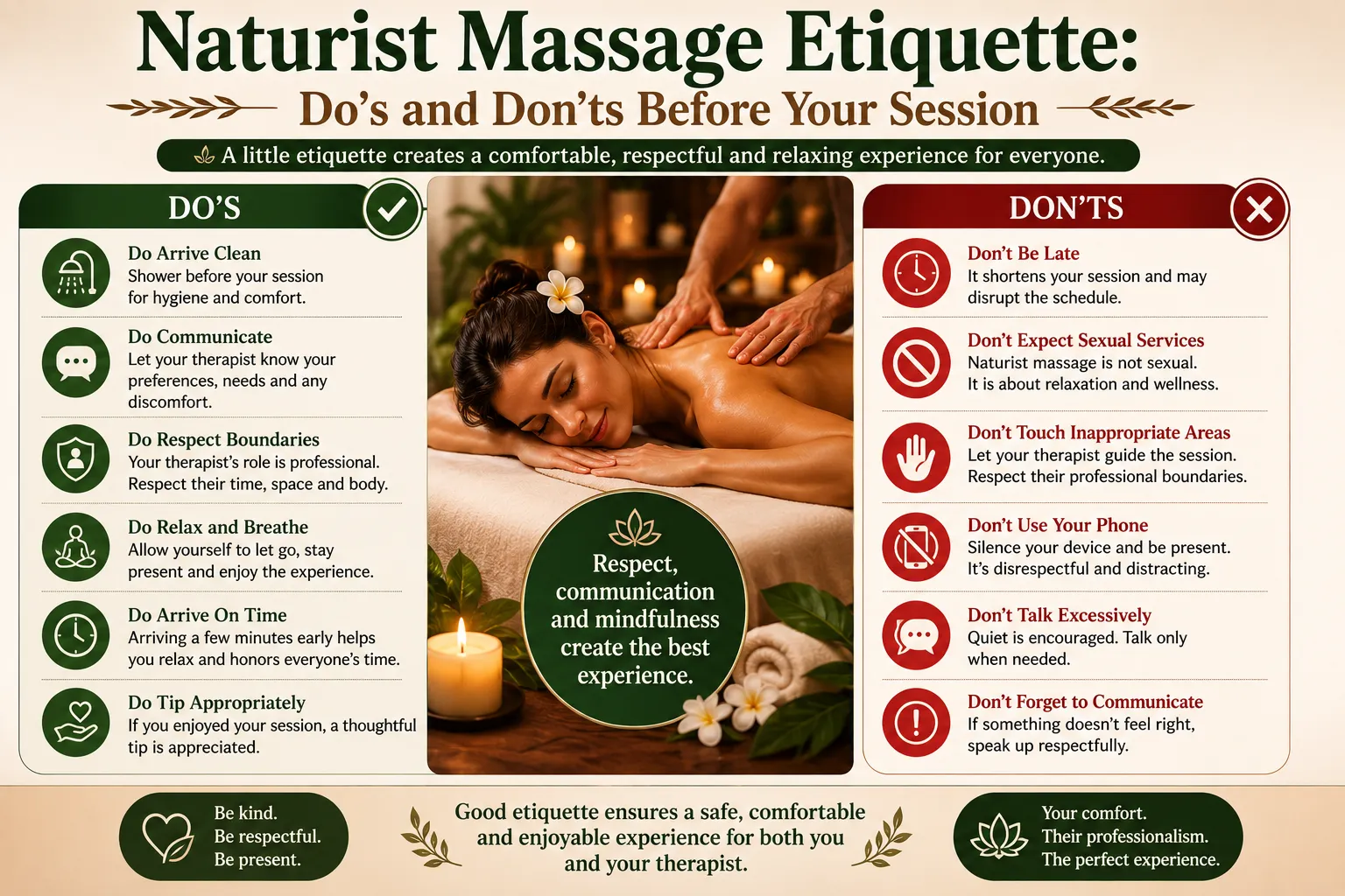 Naturist massage etiquette infographic showing essential do's and don'ts before a session, including hygiene, communication, boundaries, punctuality, respect, and professional wellness practices.